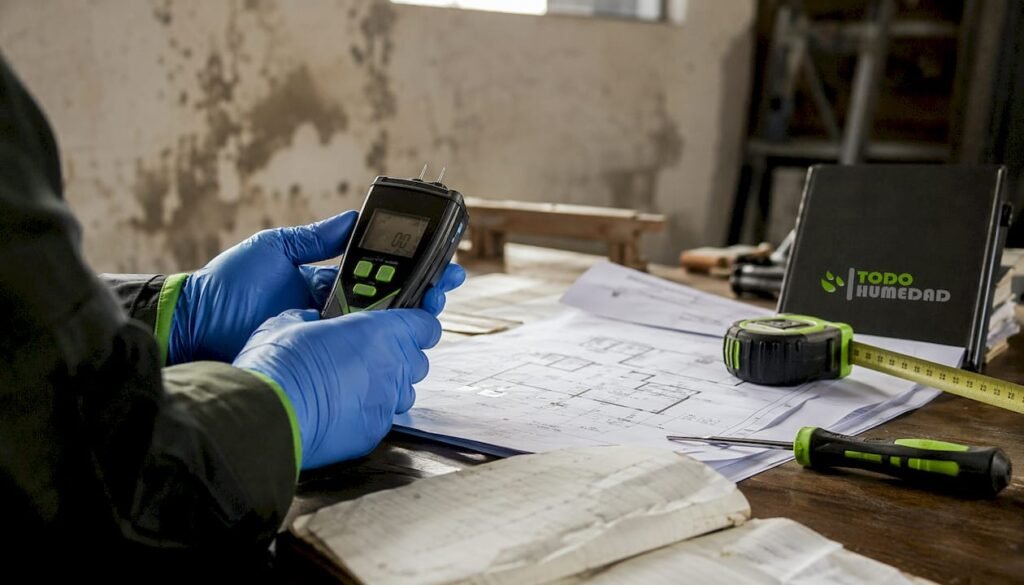 Unas manos con guantes verdes utilizan un medidor de humedad sobre unos planos de obra.