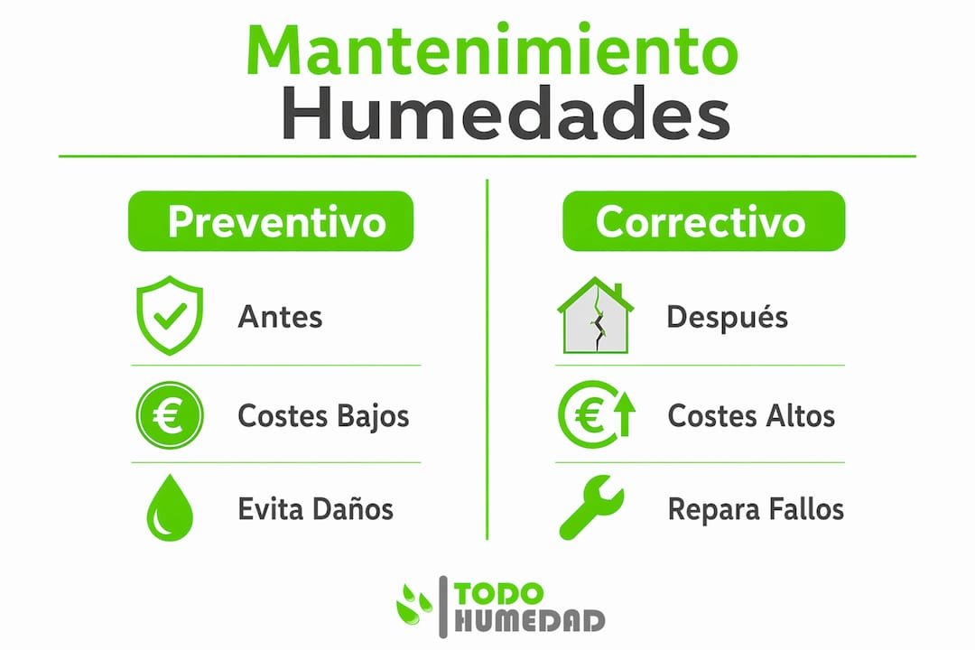 Infografía sobre las diferencias entre el mantenimiento preventivo y el correctivo en problemas de humedad