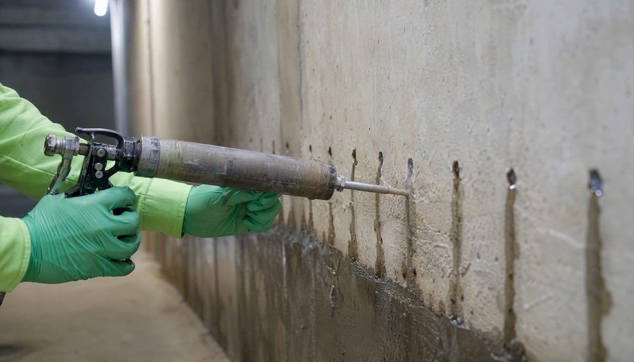 Manos aplicando resina en la pared para evitar la humedad por capilaridad