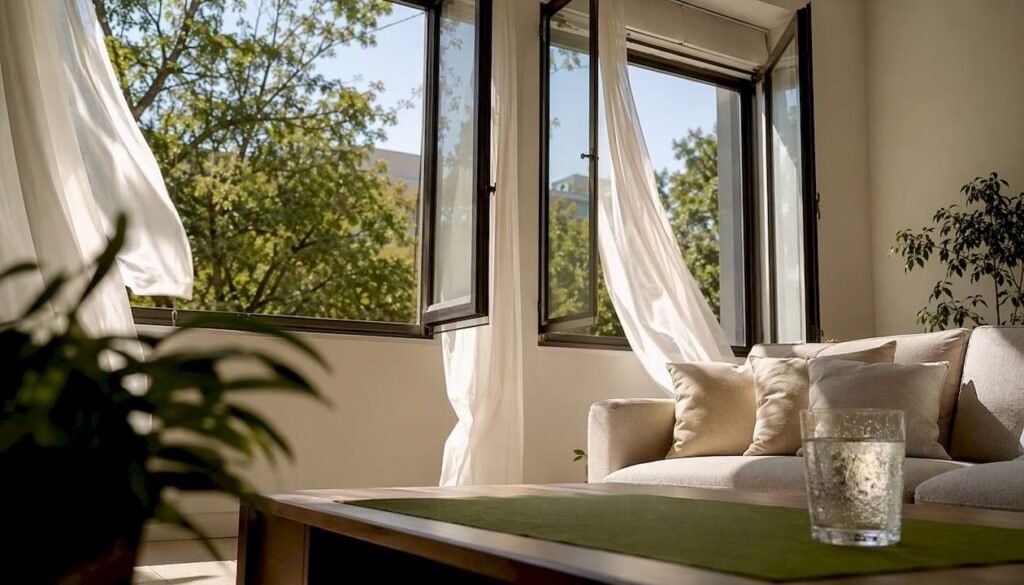 Dos ventanas abiertas, una frente a la otra, y las cortinas ondeando con la brisa que entra.