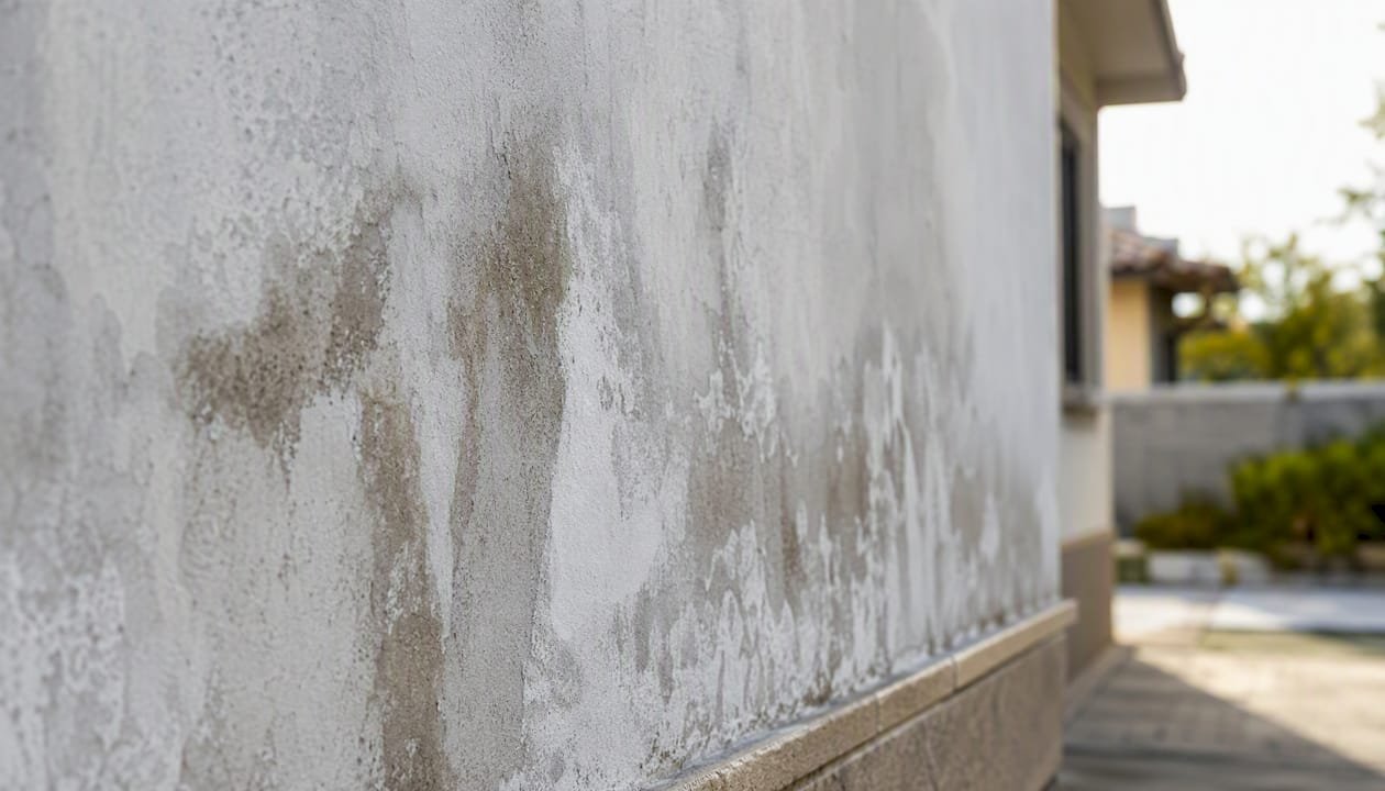 Detalle de una pared exterior afectada por la humedad