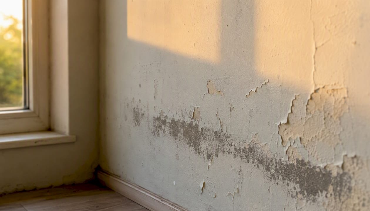 Pared con manchas de humedad y pintura descascarada