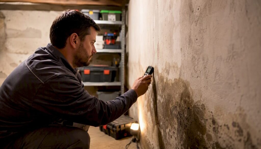 Manos utilizando un medidor para comprobar la humedad en la pared