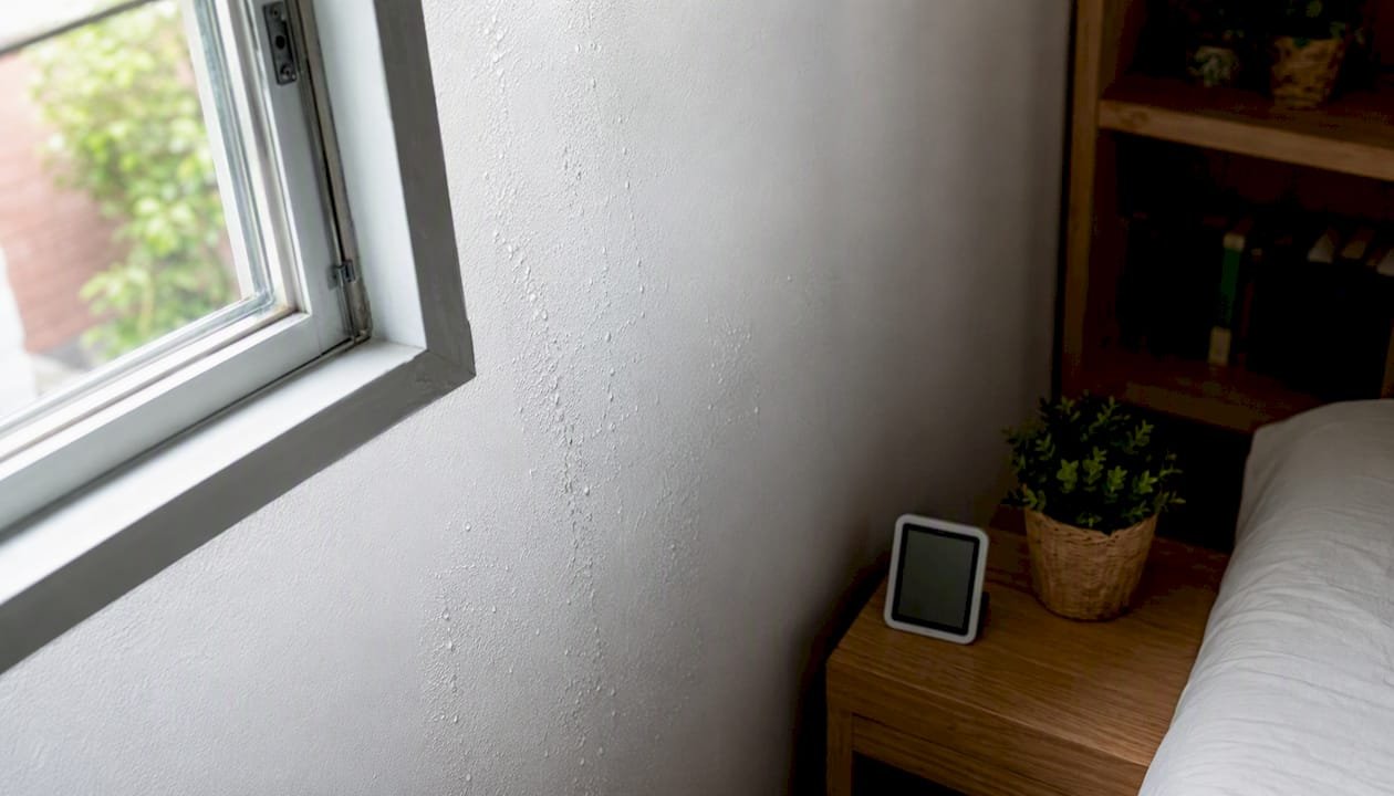 Pared interior fría con marcas visibles de humedad por condensación