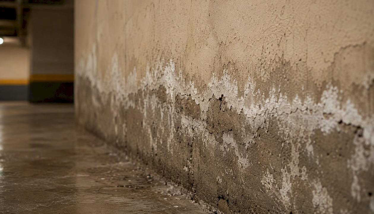Aparición de humedades por capilaridad en la pared del garaje