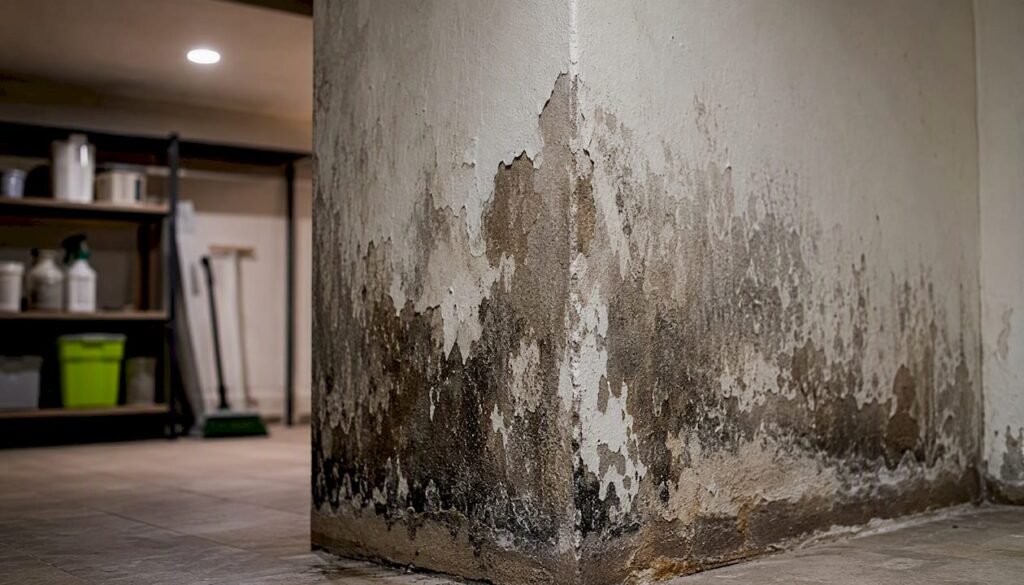 Pared con signos de humedad en la cocina de un establecimiento hostelero