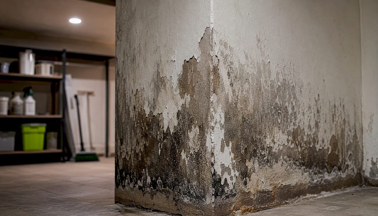 Pared con signos de humedad en la cocina de un establecimiento hostelero