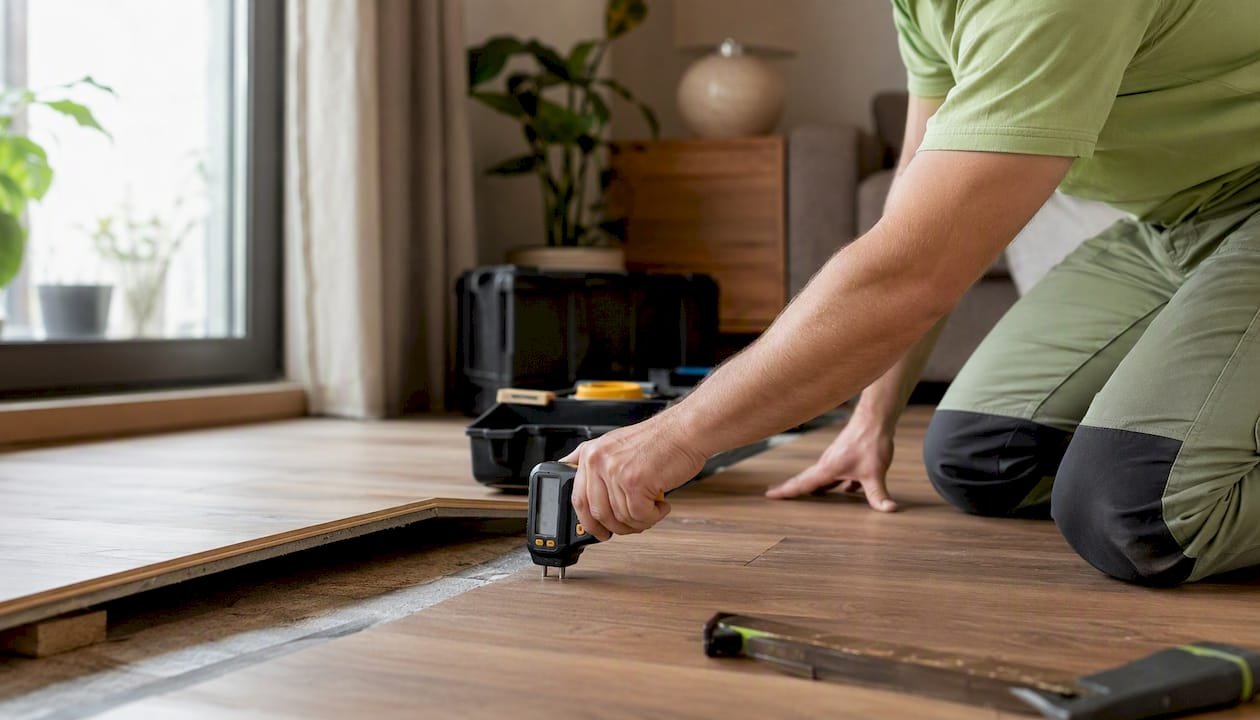Especialista comprobando el nivel de humedad bajo el suelo laminado