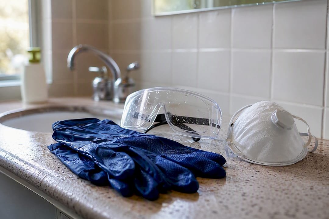 Equipo de protección para limpiar moho en el baño