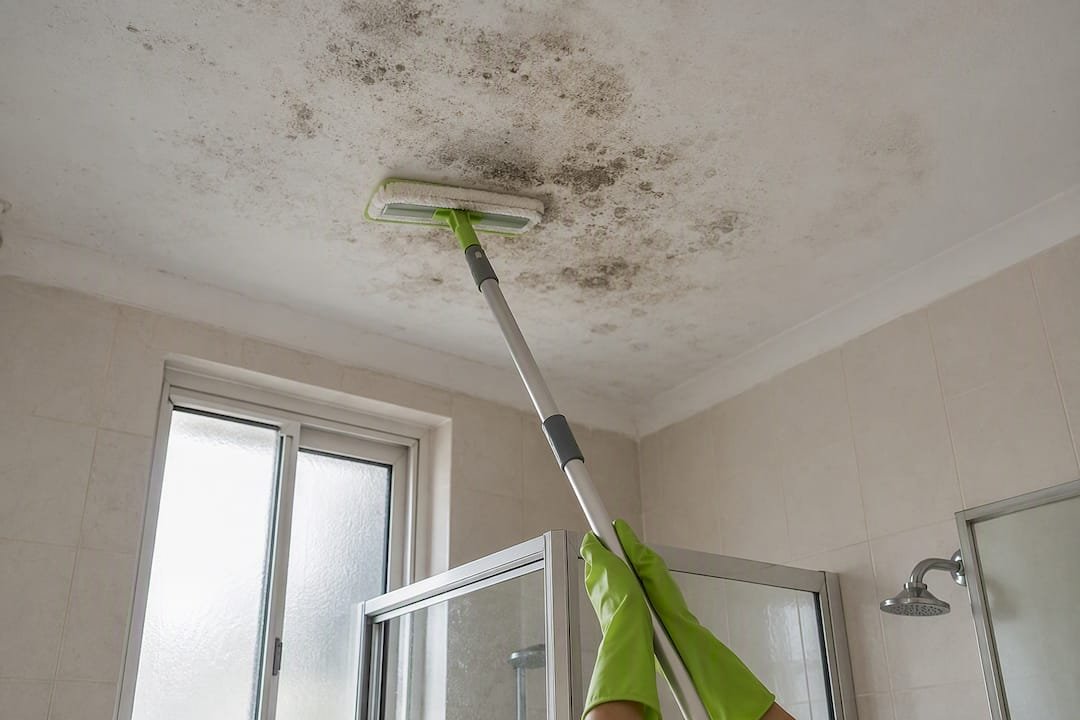 Limpiar el moho del techo del baño con un trapeador