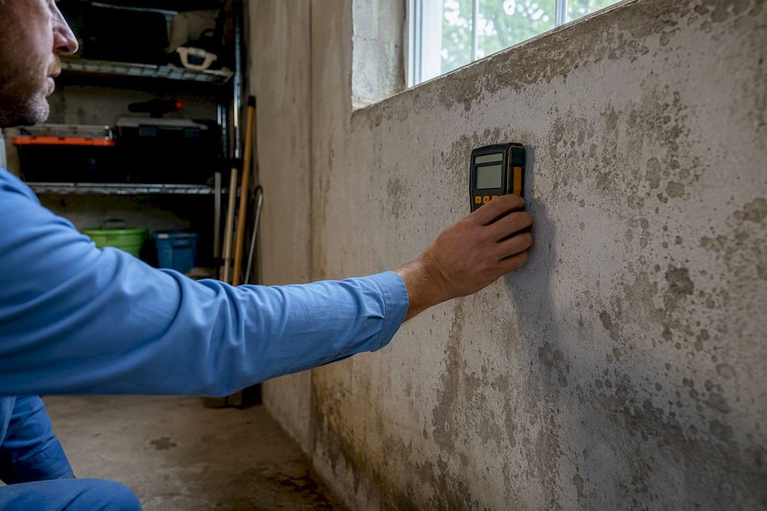 Técnico midiendo la humedad en la pared del sótano