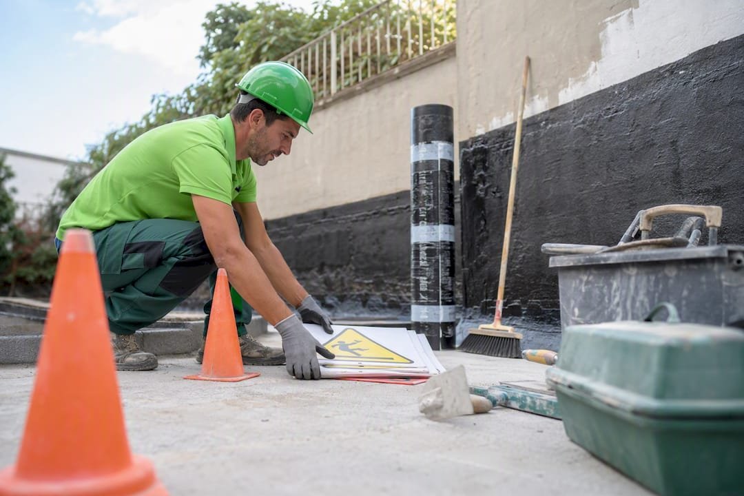Técnico con uniforme y señalización en el lugar de trabajo