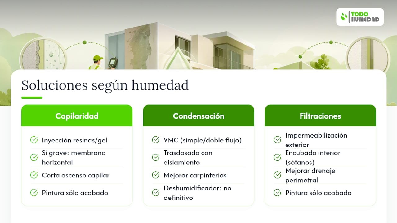 Soluciones prácticas según el tipo de humedad: qué funciona y qué no — overview diagram