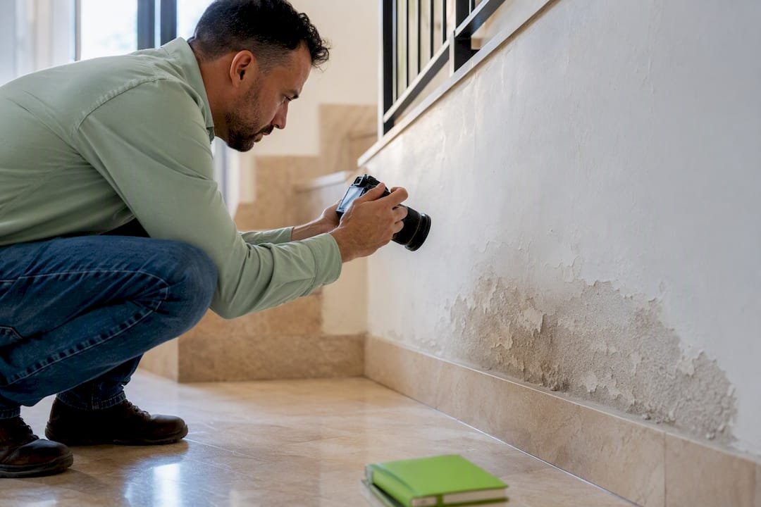 Profesional documentando una mancha de humedad