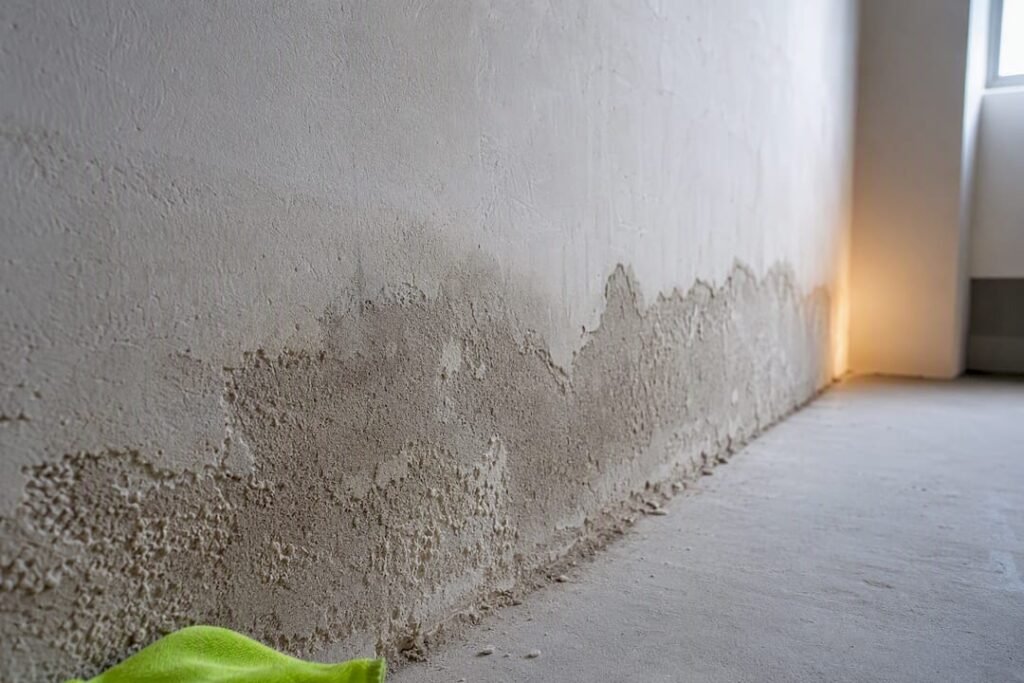 Yeso húmedo dañado en una pared interior