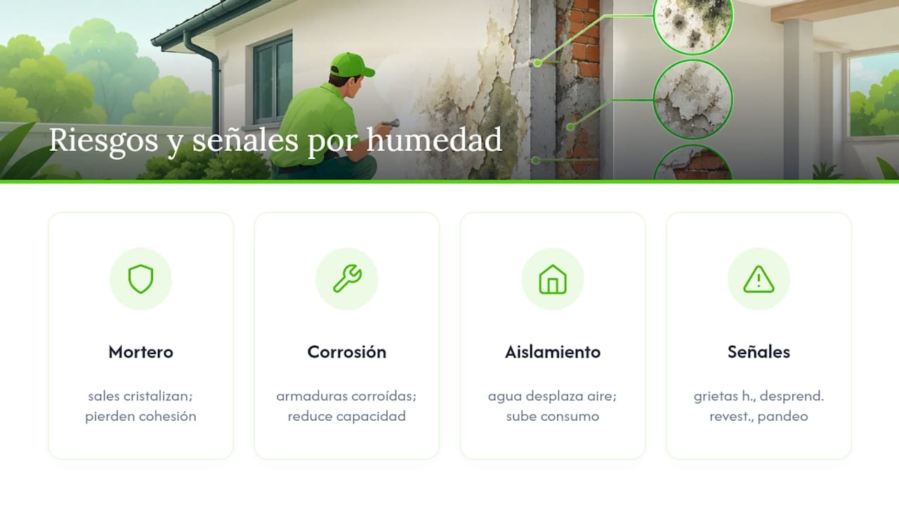 Qué riesgos estructurales y de salud provoca la humedad sin tratar — overview diagram