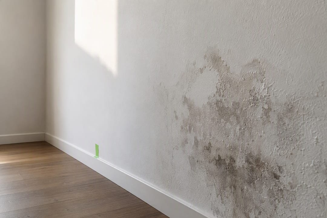 Pared con acabado en seco junto a una mancha antigua