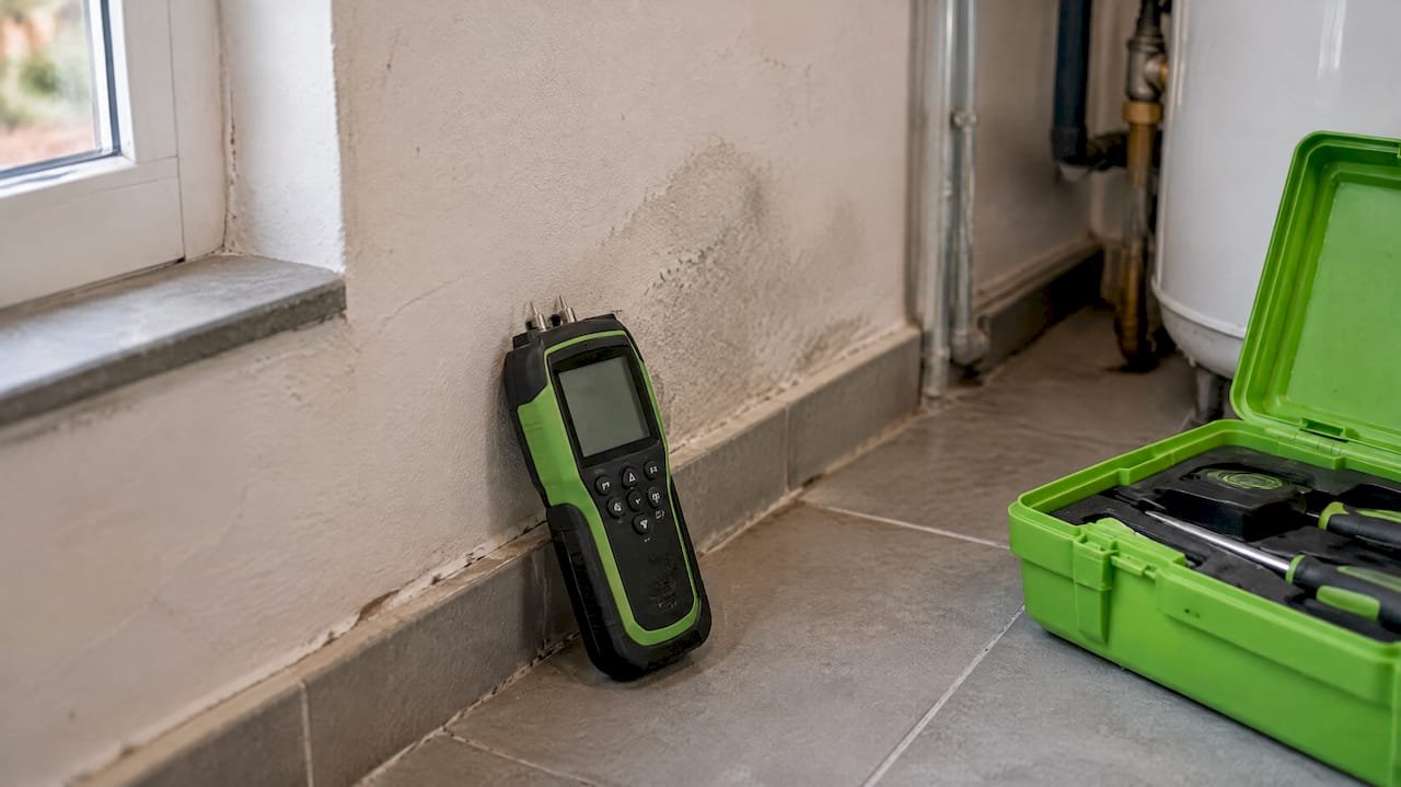 Higrómetro digital al lado de una pared húmeda