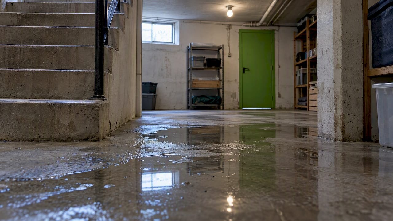 Agua estancada en el piso del sótano