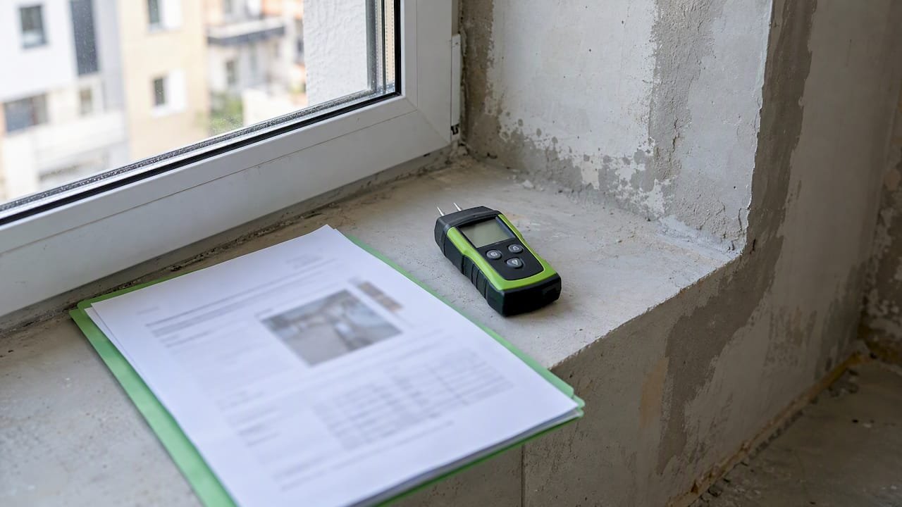 Informe técnico y medidor junto a la pared nueva
