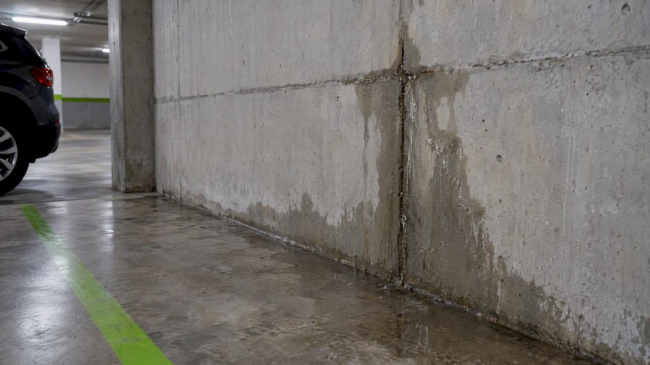 Agua filtrándose a través de una junta de concreto