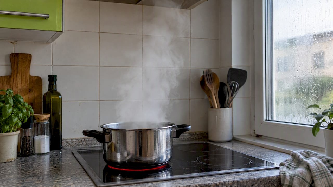 Olla humeante en una cocina sin campana extractora