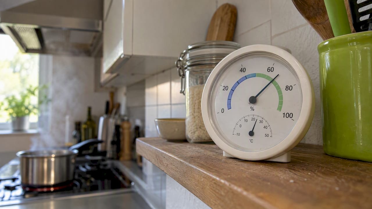 Termohigrómetro analógico colocado sobre una repisa en la cocina