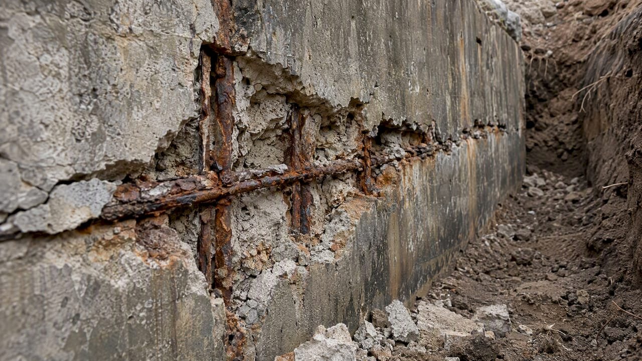 Armado oxidado bajo el concreto desprendido